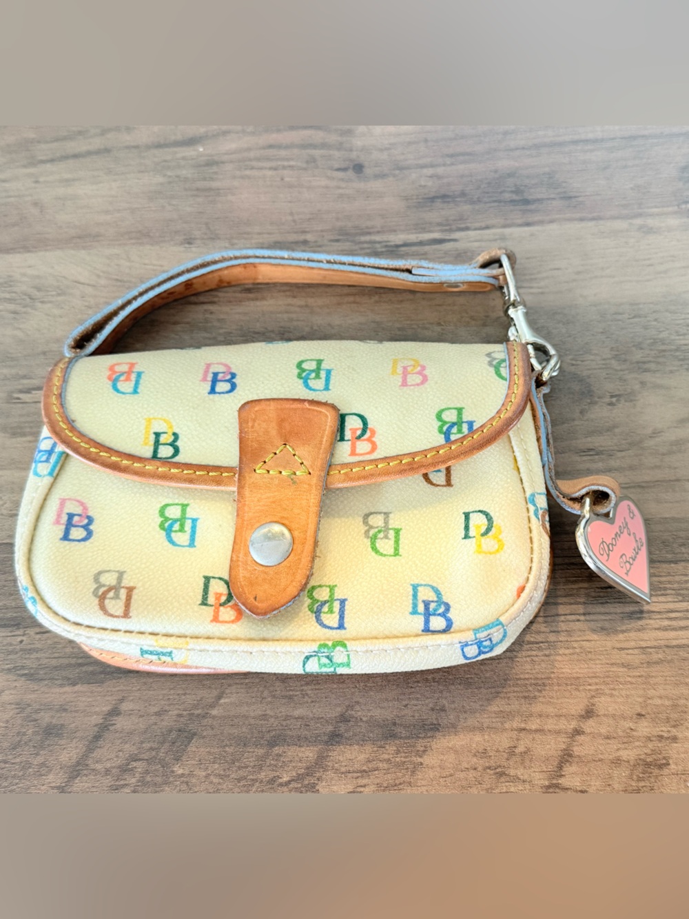 Dooney & Bourke Cream Multicolor DB Logo Wristlet with Heart Charm